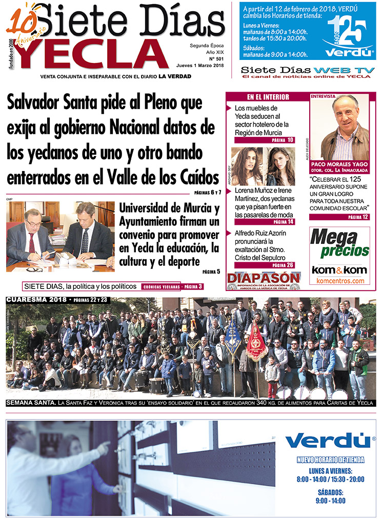 SIETE DÍAS YECLA – Edición nº501 – Jueves 1 de marzo de 2018