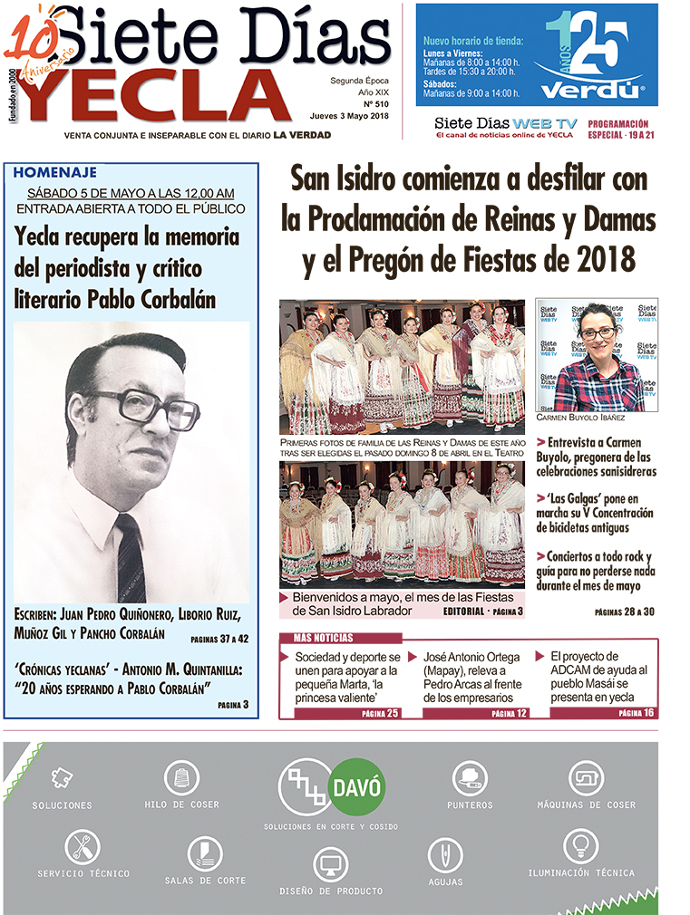 SIETE DÍAS YECLA – Edición nº 510 – Jueves 3 de mayo de 2018