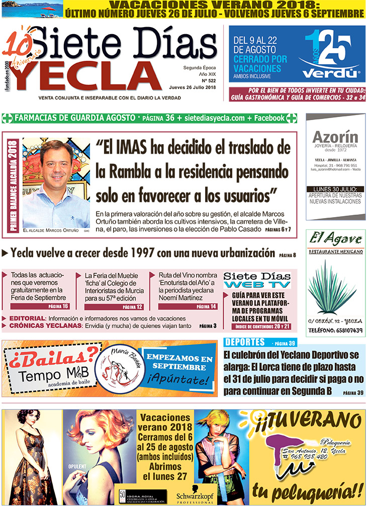 SIETE DÍAS YECLA – Edición nº 522 – Jueves 26 de julio de 2018