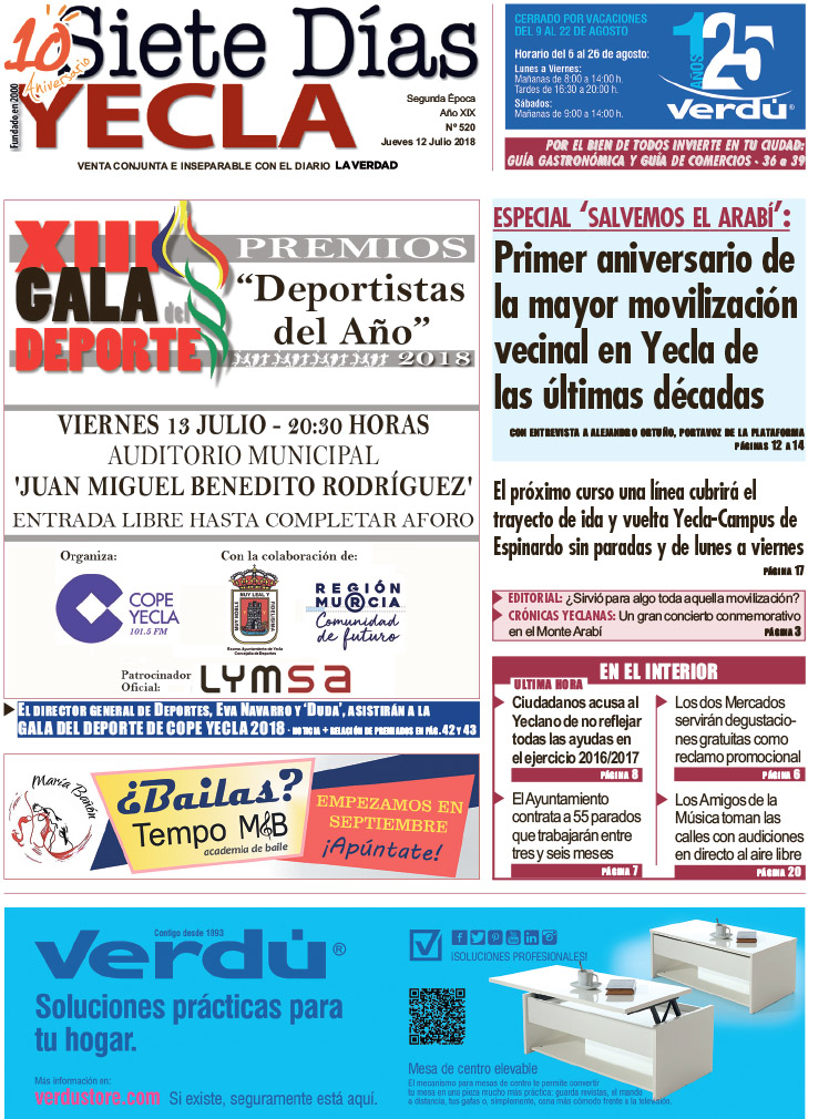 SIETE DÍAS YECLA – Edición nº 520 – Jueves 12 de julio de 2018