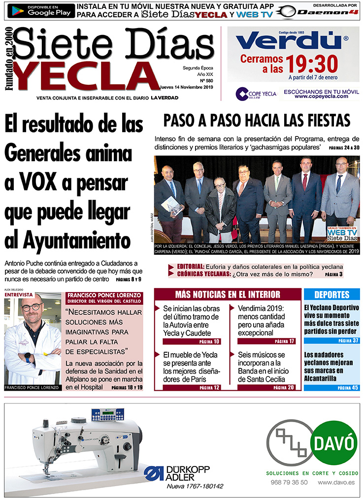 SIETE DÍAS YECLA – Edición nº 580 – Jueves 14 de noviembre de 2019