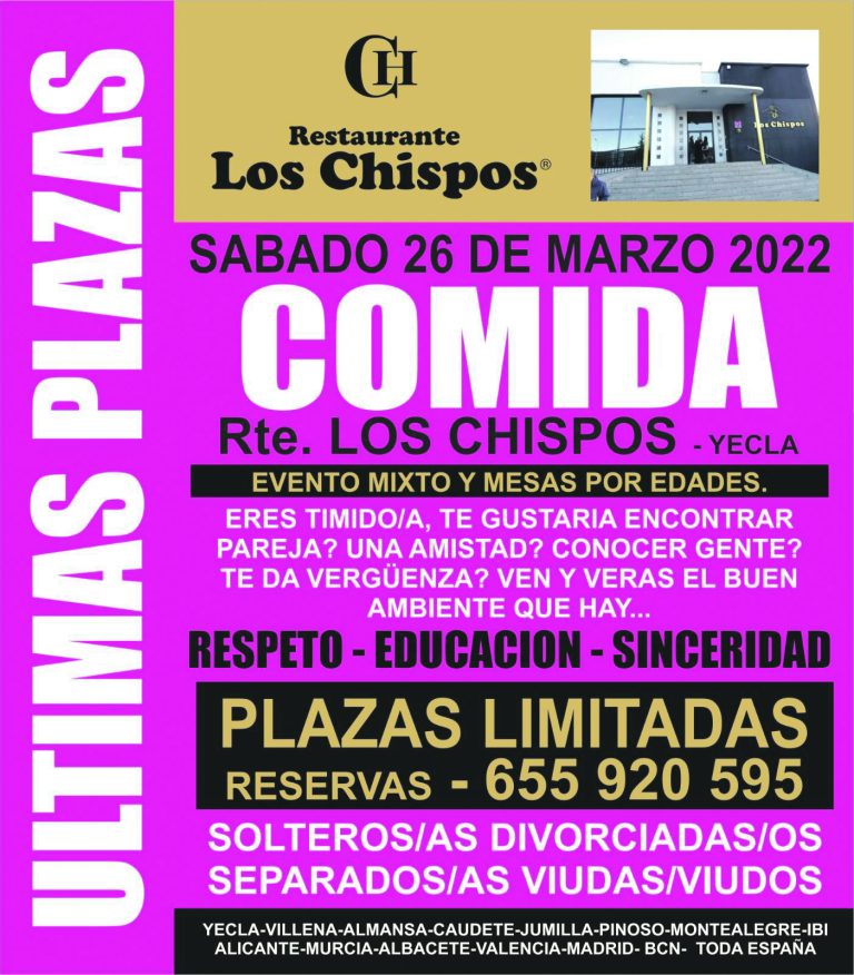 PRIMER GRAN EVENTO PARA ‘SINGLES’ EN LOS CHISPOS EN LA TARDE DEL PRÓXIMO SÁBADO 26