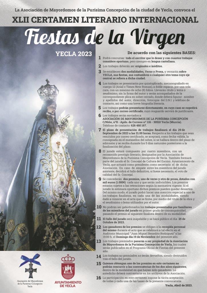 ABIERTO EL PLAZO PARA PRESENTAR TRABAJOS AL XLII CERTAMEN LITERARIO “FIESTAS DE LA VIRGEN”